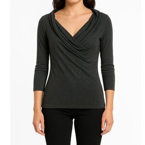 BCBG Maxazria Women's gray faux wrap elbow sleeve shirt Size M cozy preppy